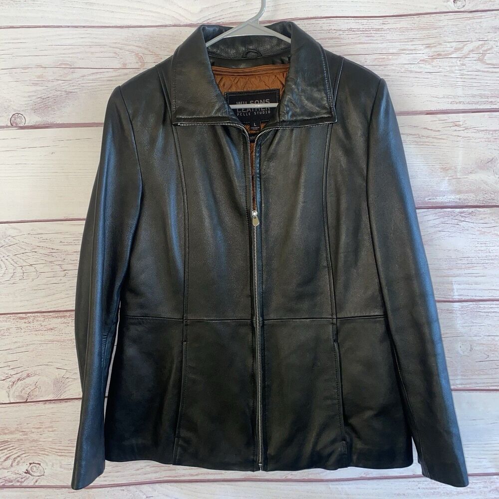 Wilsons Leather Pelle Womens L Black Genuine Leather Jacket Zip Out Liner